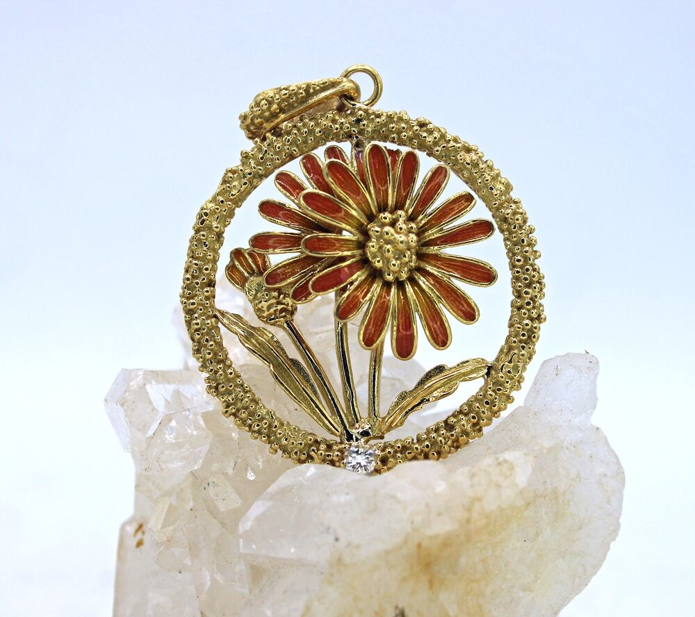 18kt Gold France Merrin Enamel Flowers with Single Diamond Pendant
